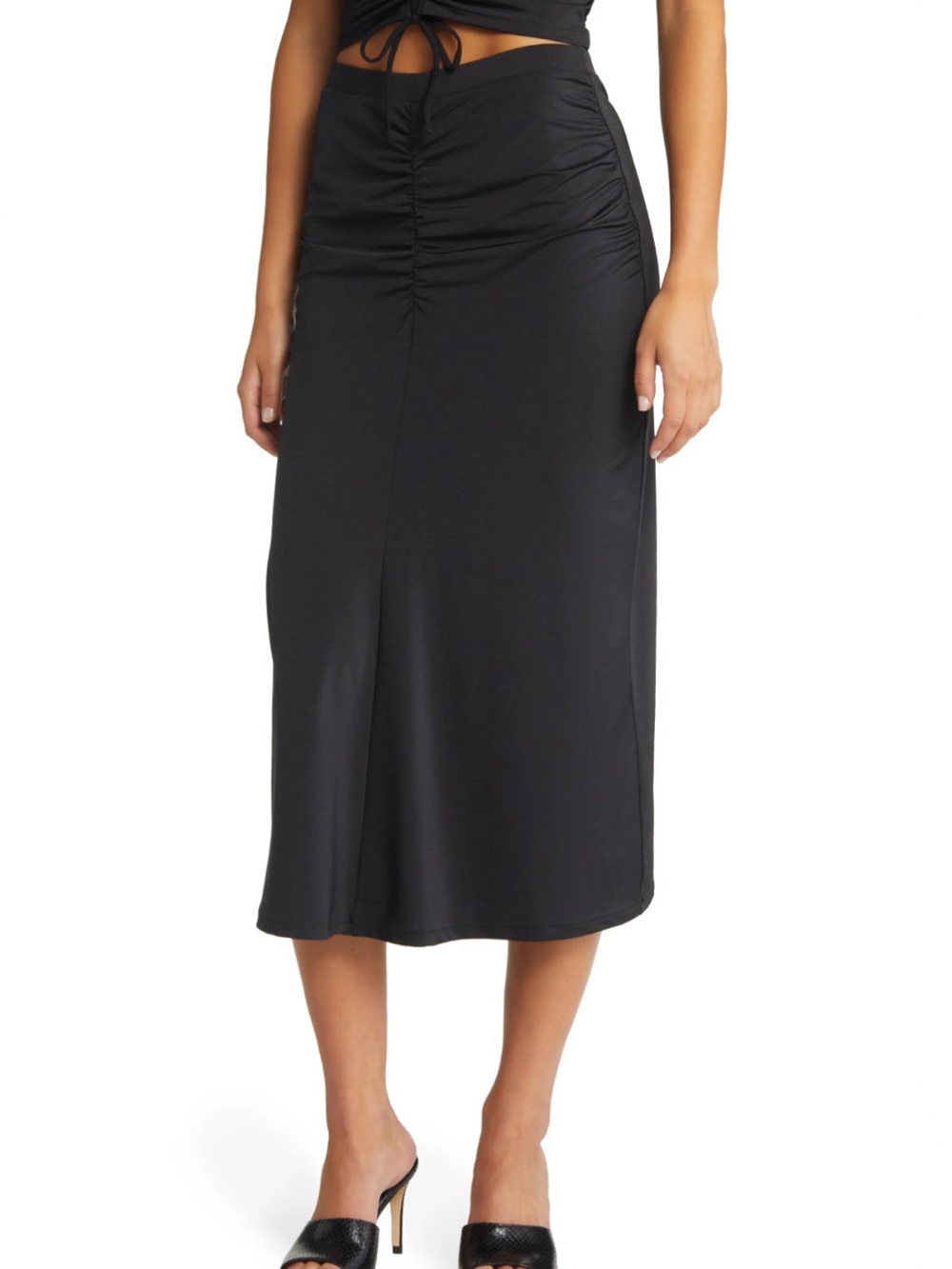 Black Ruched Midi Skirt